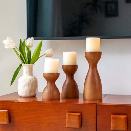 Set of 3 Farmhouse Wooden Candle Holders for Pillar Candles , Brown Rustic Wood Pillar Candle Stands Table Centerpiece Decor for Fireplace, Living, and Dining Room - Image 5
