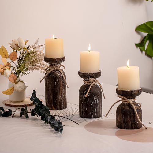 Farmhouse Wooden Candle Holders for Pillar Candles, Brown Distressed Set of 3 Rustic Wood Pillar Wood Candle Stands with Hemp Rope Bow Table Centerpiece Decor for Fireplace, Living, and Dining Room - Image 5