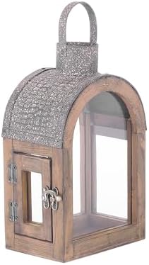 11" High Farmhouse Decorative Lantern, Glass and Metal, Distressed Brown Wood Finish, Rustic Brown Metal Top, Indoor Outdoor Candle Holders (Rustic Brown, 6"x4.4") by Unknown