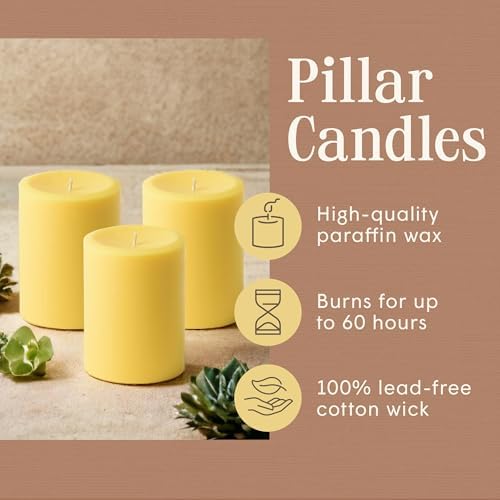 Mister Candle Dripless Unscented Yellow Pillar Candles, Set of 3 Hand Poured Solid Color Non-Scented Candles for Home Decor, Premium Wax, 60 Hr Burn Time - 3x4 Inch, Yellow - Image 3