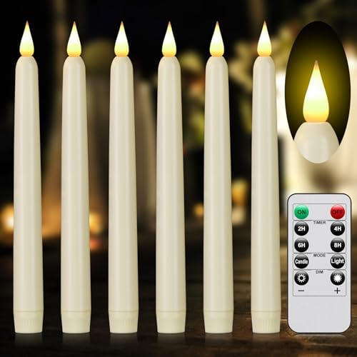 Flameless Taper Candles with Remote Control and Timer, Battery Operated LED Candlesticks with Flickering 3D Flame, 9.6×0.8 Inches Plastic Fake Candles for Christmas, Wedding and Home Decor (Ivory, 6) by PILLOBOX