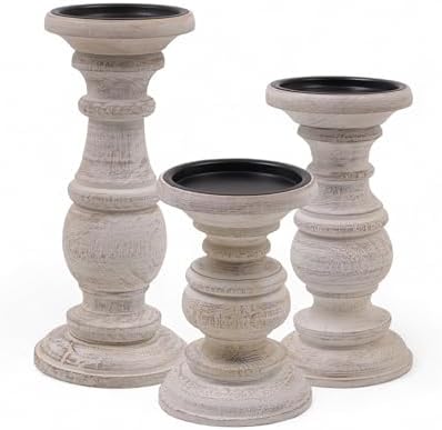 Hosley Set of 3 Whitewashed Wooden Pillar Candle Holders – 10”, 8”, and 6” Heights – Ideal for LED and Pillar Candles, Weddings, Parties, Home Décor, Spa, Reiki, and Aromatherapy by HOSLEY