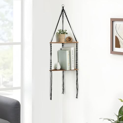 Artilady Corner Shelf Macrame Wall Hanging Balck, Boho Wood Storage Decor - Image 5