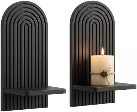 VIS'V Wall Mount Candle Sconces, Wooden Candle Holder Decor, Black, 2 Pcs by VISV