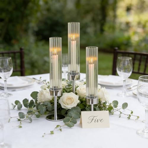 Metal & Acrylic Taper Candle Holders with Ribbed Design - Hurricane Clear Cylinder Candelabra for Wedding, Christmas, Party, Dining Table Centerpiece Decor (Silver, Set of 6) - Image 5