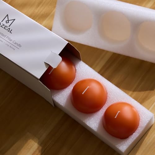 MOZEAL Hand-Poured, 3 Inch Orange Round Ball Candles - Elegant Orange Round Pillar Candles Set of 3, Dripless, Unscented, Smokeless, Ideal for Halloween Decor. - Image 6
