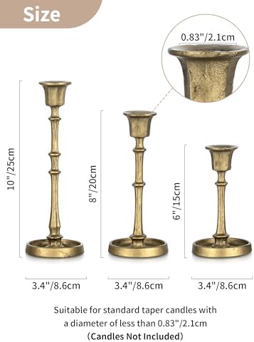 NUPTIO Cast Iron Taper Candle Holders, Set of 3 Antique Brass Candlesticks - Image 2