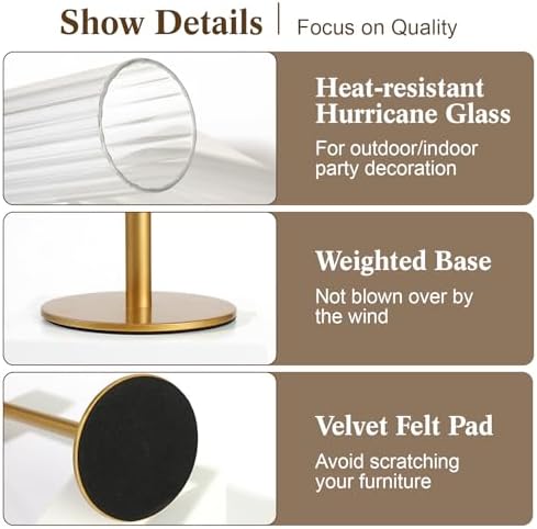 Set of 6 Ribbed Glass Hurricane Candle Holders Gold Metal Base - Image 2