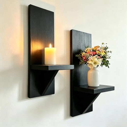 2 Pcs Black Farmhouse Wall Candle Sconces, Rustic Modern Wooden Wall Mount Candle Holders, Wall Decor Shelves for Living Room Bedroom Bathroom by EMINGSKY