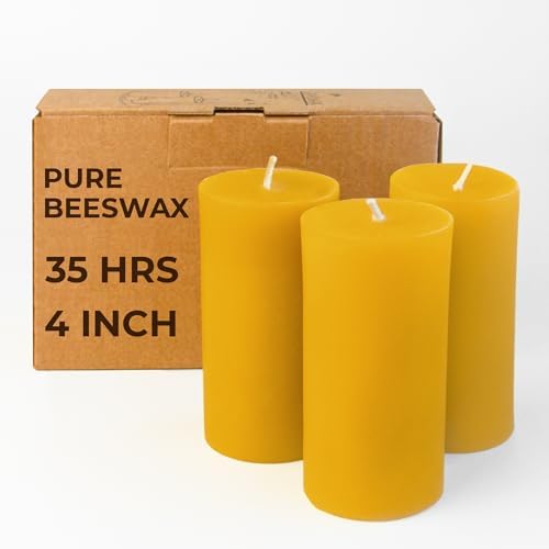 CANDWAX Pure Beeswax Pillar Candles 1.8x4 inch Set of 3-34.5 Hours Burning Handmade Yellow Candles - Smokeless Pure Bees Wax Candle Home Décor by CANDWAX