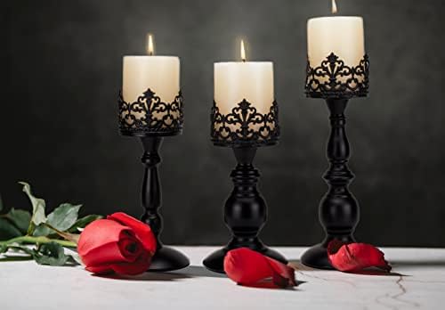 BANOMII Vintage Pillar Candle Holders for Table Centerpiece Set of 3-11'' 9'' 8'' - Matte Black Metal Candle Stands Decorative - Candle Centerpiece for Table Fireplace Decor - Gothic Candle Holder - Image 3