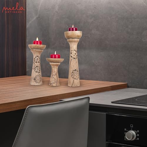 Mela Artisans Lotus Vine Wood Candle Holders - Natural Grey, Set of 3 - Image 4