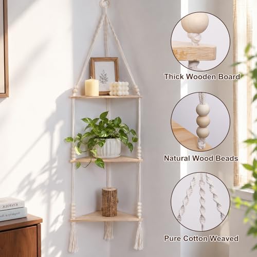 Artilady Macrame Corner Shelf Wall Hanging 3-Tier Adjust Boho Storage Decor - Image 6