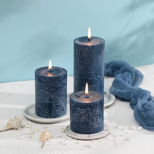 3x6 Inch Dark Blue Pillar Candles Set of 3 - Hand-Poured Unscented Candles, Long Clean Burning, Navy Blue Candle, Smokeless Dripless Candle for Dinner Table, Wedding, Home, Rustic Decor - Image 4