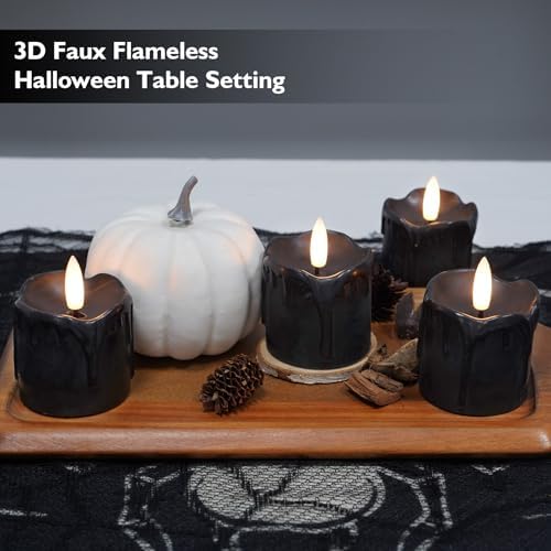 Rhytsing 2'' Black Flameless Votive Candles Real Wax Dripping Design, LED Faux Battery Operated Tealight Candles with Timer for Halloween - Set of 4 - Image 3