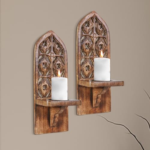 Burnt Natural Wall Mounted Candle Sconces (Set of 2) - Decorative Hand-Carved Wooden Candle Holders, Farmhouse Style, Perfect for Living Room, Bedroom & Kitchen Wall Décor - 16 Inch by Lightnpro