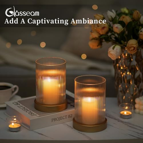 Glasseam Hurricane Glass Candle Holder: Gold Pillar Candle Holders Set of 2 Ribbed Glass Cylinder Covers with Metal Candle Tray Modern Candle Holders for Table Centerpiece Living Room Decorations - Image 4