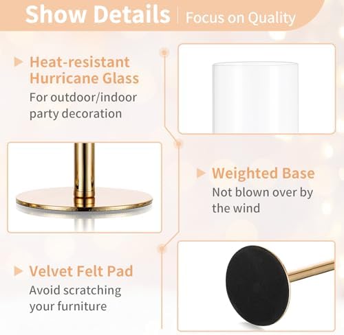 NUPTIO Gold Taper Candle Holders: Set of 3 Tall Hurricane Candlestick Holder with Open Ended Clear Glass Covers Long Stem Metal Candle Stick Stand for Fall Thanksgiving Christmas Table Decor - Image 6