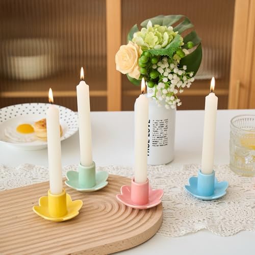 Colorful Ceramic Candlestick Holders Set of 4, Cute Easter Taper Candle Holders Chic Flower Shaped Table Centerpiece for Wedding Festive Spring Party or Home Decor (Flower Style) - Image 5
