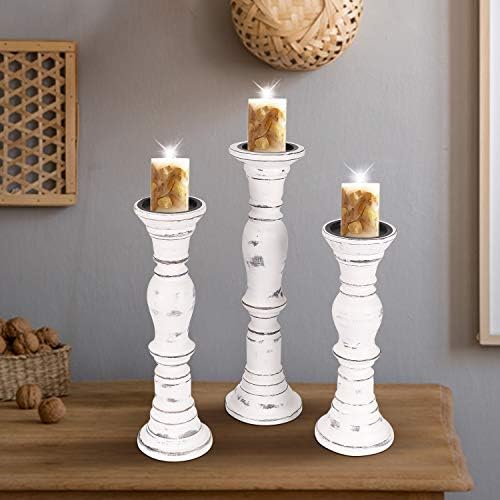 Candle Stands Wooden for Pillar Candles,Rounded Turned Colums, Sustainable Woods, Country Style, Idle for Reiki, Aromatherapy, Votive Candle Garden Home décor - 16,14,12 Inch Set of 3 - White Antique - Image 2