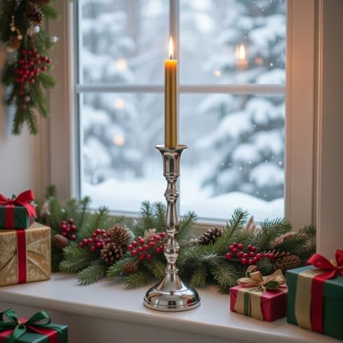 Hosley Set of 2 Silver Candlestick Holders for Taper Candles, 8.25 Inch Tall Aluminum Metal Candle Stands, Elegant Formal Dinner & Wedding Centerpiece Decor - Image 2