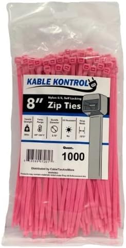 Kable Kontrol Pink Zip Ties 8 Inch 1000 Pcs, 50 Lbs Tensile Strength, Self-locking Nylon Colored Cable Ties Wire Wraps for Indoor or Outdoor Use