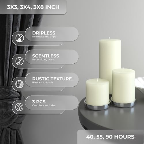 CANDWAX Assorted Pillar Candles Set of 3 – Sizes 3", 4", 8" Unscented Dripless Large Candles, Rustic Style Long Burning for Weddings, Home Decor – Ivory - Image 3