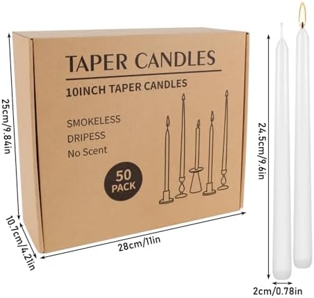 50 Pack White Taper Candles - 10 Inch Classic Unscented Dinner Candles, Dripless Pure White Paraffin Wax with Cotton Wicks, 8-Hour Burn Time for Wedding, Christmas & Formal Dining Decor - Image 3