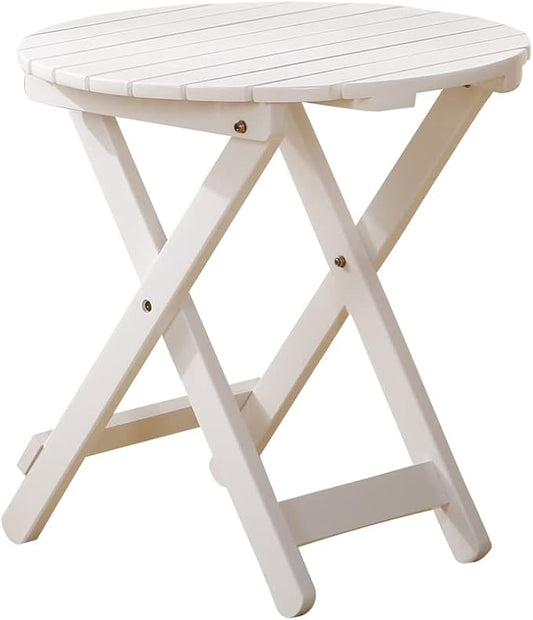 Outdoor Small Table, Round Folding Wooden Patio Side Table Furniture End Table for Adirondack Chair, Balcony, Porch, No Assembly Required, White