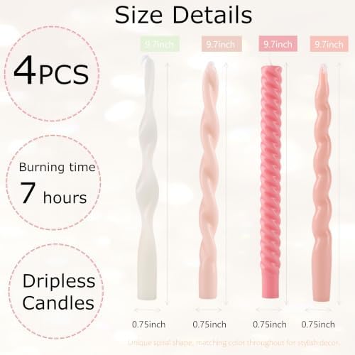 4 Pack Twisted Taper Candles Unscented Dripless Spiral Candlesticks Smokeless Swirl Wax Colorful Decorative Candle Sticks for Wedding Dinner Party Home Decor (Pastel Pink White, 9.7 inch) - Image 2