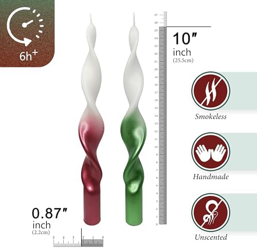 10 Inches Christmas Spiral Taper Candles Colorful Twisted Candle Dripless Long Candles, Handmade Candlesticks for Wedding Dinner Decor, Set of 4(Gradient Metallic Red Green) - Image 2