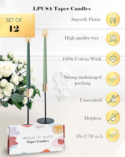 10" Green Taper Candles-12 Pack Green Candlesticks-Unscented Dripless Candles 8 Hour Burn for Spring, Home Decor, Dinner, Holidays, Weddings,Christmas Home Decor - Image 5