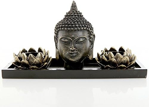 MyGift Resin Buddha Head Zen Garden Set with Lotus Tealight Holders & Tray - Image 4