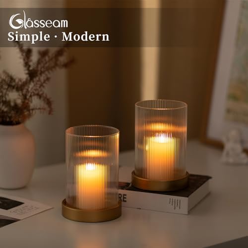 Glasseam Hurricane Glass Candle Holder: Gold Pillar Candle Holders Set of 2 Ribbed Glass Cylinder Covers with Metal Candle Tray Modern Candle Holders for Table Centerpiece Living Room Decorations - Image 2
