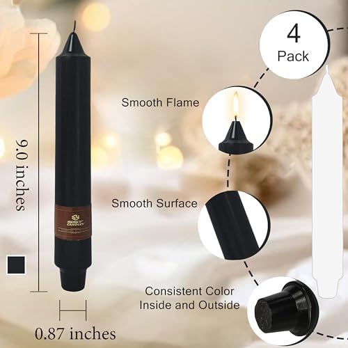 Black Halloween Taper Candles 4 Pack Hand-Poured 9 Inch Unscented Long Tapered Candles for Spooky Decor, Haunted Houses & Gothic Weddings - Clean Burning, Smokeless & Odorless - Image 3
