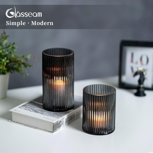 Glasseam Hurricane Glass Candle Holders: 2 Pcs Ribbed Cylinder Grey Vases - Image 4