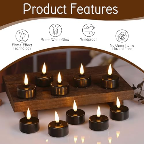 Eywamage Black Flameless Tealights with Remote Batteries, Real Wax Flickering LED Tea Votive Candles Set of 10 - Image 5