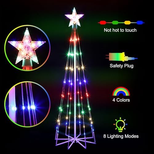 3 Pack LED Animated Outdoor Christmas Tree, 4' 5' 6' Multicolor Lightshow Lighted Cone Wire Tree with Topper Star, Christmas Outdoor Decorations Artificial Lighted Tree for Indoor Yard Patio - Image 3