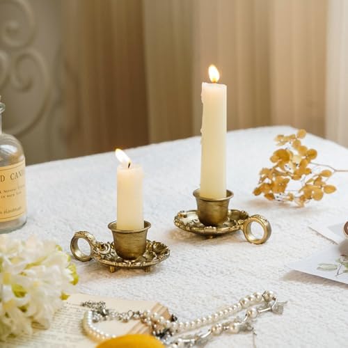 NIKKY HOME Vintage Gold Taper Candle Holders Set of 2, Handle & Drip Tray - Image 2