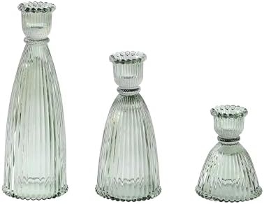 Vertical Stripe Candlestick Holders Set of 3, Premium Glass Candle Holders for Candlesticks and Taper Candles, Vintage Candle Holder Decor for Table Centerpiece, Green - Image 2