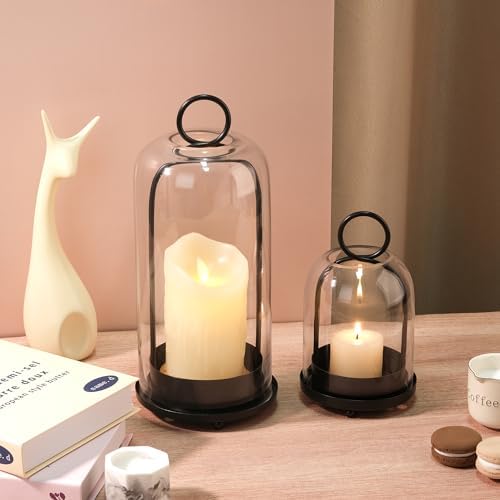 5" & 4" Wide Versatile Metal Candle Holder in Black with Handmade Thick, Heavy & Sturdy Glass Dome for Pillar Candle, Industrial, Modern, Shelf, Mantel, Veranda, Porch (Black, Large & Small) - Image 5