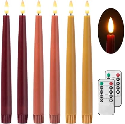 Stmarry Fall Flameless Taper Candles with Remote and Timer, 9.65 Inch Real Wax LED Candlesticks, Battery Operated Thanksgiving Candles with 3D Flickering Flame, Bordeaux, Terra Cotta & Caramel, 6 Pack by Stmarry
