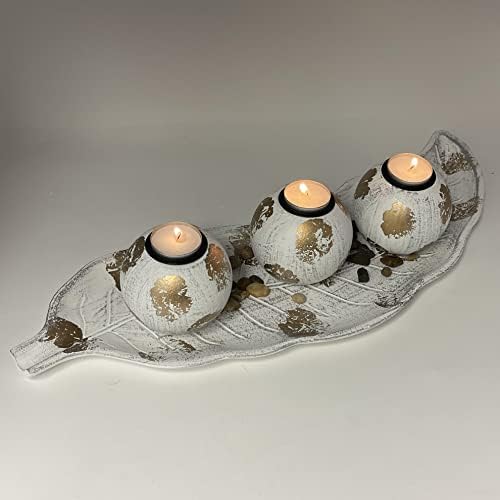 allgala HD90405 Wooden Candle Holder Tray 3 Ball Orbs Set Tealight Centerpiece with Pebbles on Leaf Tray for Coffee Table Dining Table Accents Bowl for Living Room Décor (White Gold) - Image 4