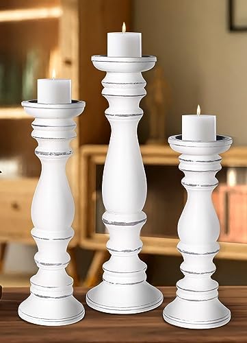Hand-Carved Wooden Pillar Candle Holders Set of 3, Rustic Mango Wood with White Antique, Decorative Carved Design Table Centerpiece Décor - 16", 14", 12" - Image 5
