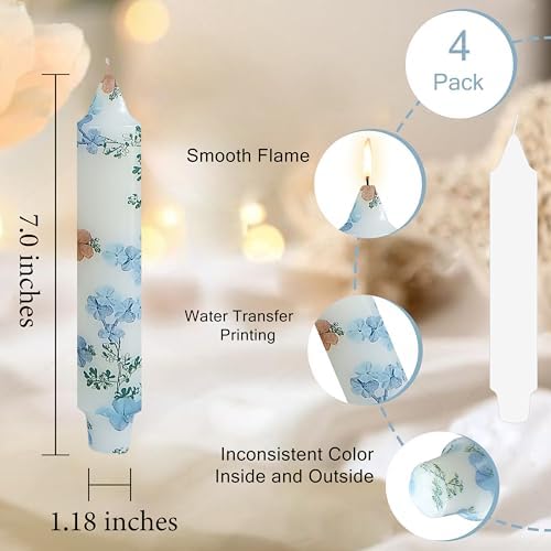 7 inch Short Candle Floral Candle Sticks Printed Candlestick Handmade Unscented Taper Candle 4 Pack Light Blue Flower Tapered Candles for Home Dinner Wedding Holiday - Image 4
