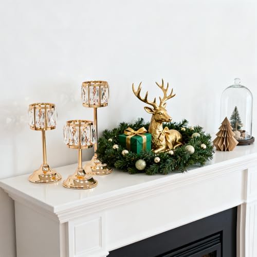 Set of 3 Metal Crystal Candle Holders, 11/9/7 Inch Elegant Tealight Candelabra Centerpiece for Wedding Table Decor, Tiered Home Party Decoration (3, Gold-11+9"+7") - Image 6
