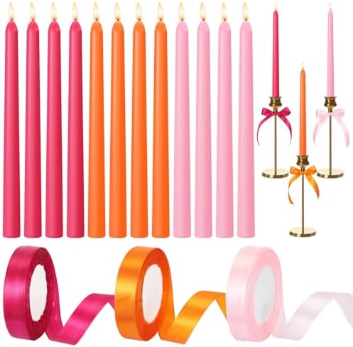 12 Pcs Pink and Orange Party Taper Candles with 3 Roll Ribbon by Windkream