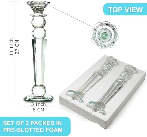 Allgala Set of 2 Crystal Candlestick Reverse Tapered Shaped Pillar and Hand Crafted Ball Candlesticks-11-HD89153-Home Decorative Candle Holders for Wedding, Dining, Party, Gift - Image 2