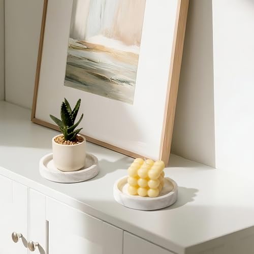 Candle Holders Italy Premium Natural Marble Candlestick Holder for Jar Pillar Candles Large Round Coaster Plate Jewelry Tray Centerpiece for Wedding Dining Table Home Decor White (ZT011) - Image 5