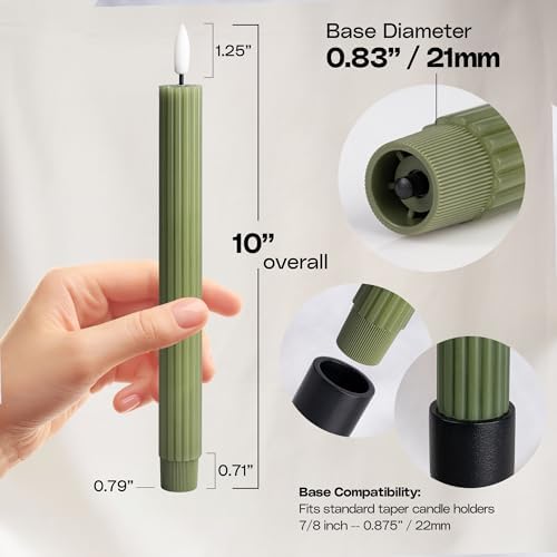 12 Pack, 10" LED Flameless Real Wax Sage Olive Loden Green Fluted Ribbed Grooved Taper Candles, Remote & 24h Timer Memory, On/Off Button, Dimmable, Flicker Mode, Battery Operated, Wedding - Image 4
